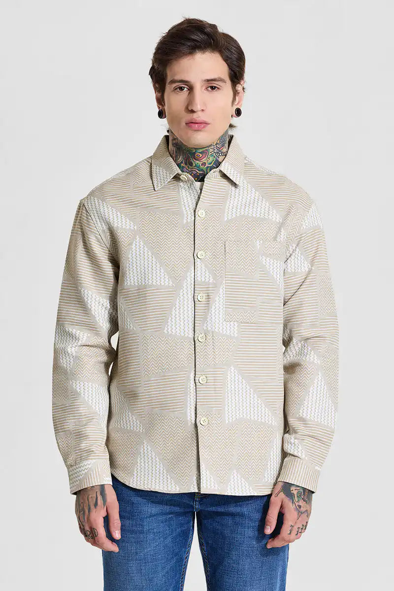 Beige Geometric Relaxed Fit Overshirt