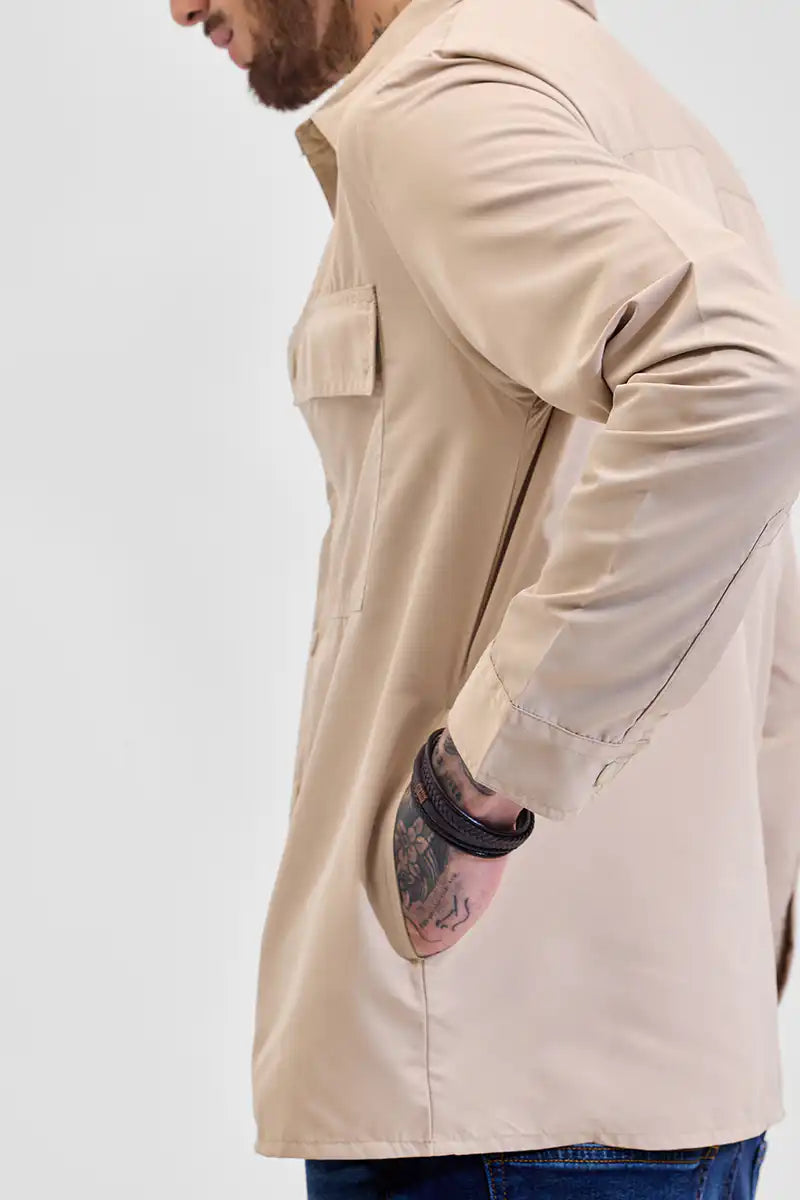 Beige Multi Pocket Relaxed Fit Overshirt