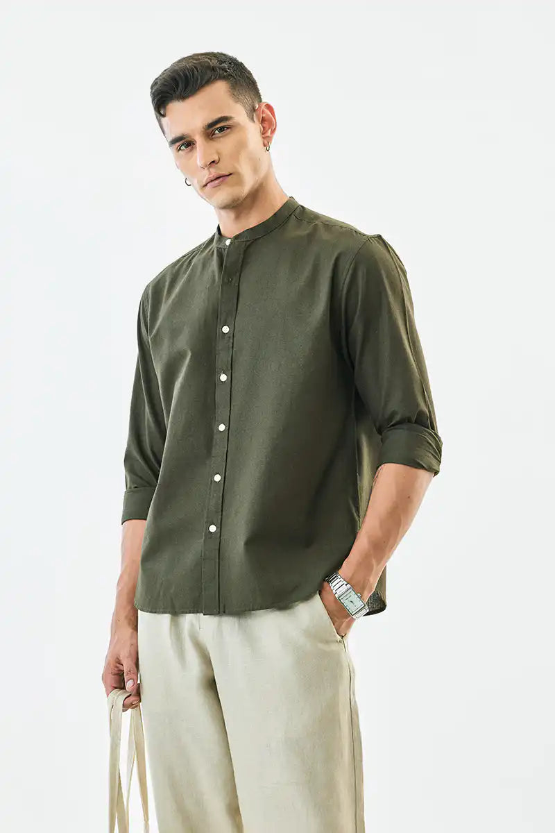 Linen Blend Mandarin Collar Shirt