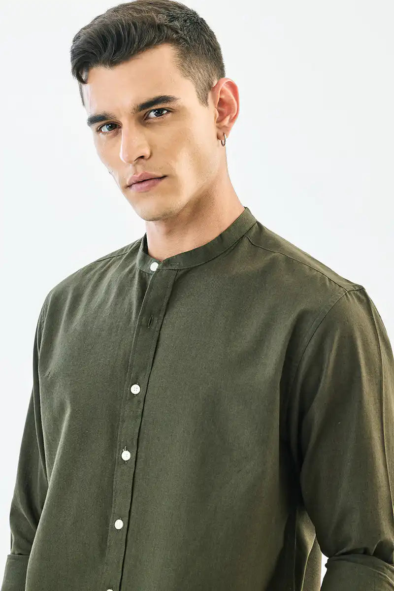 Linen Blend Mandarin Collar Shirt