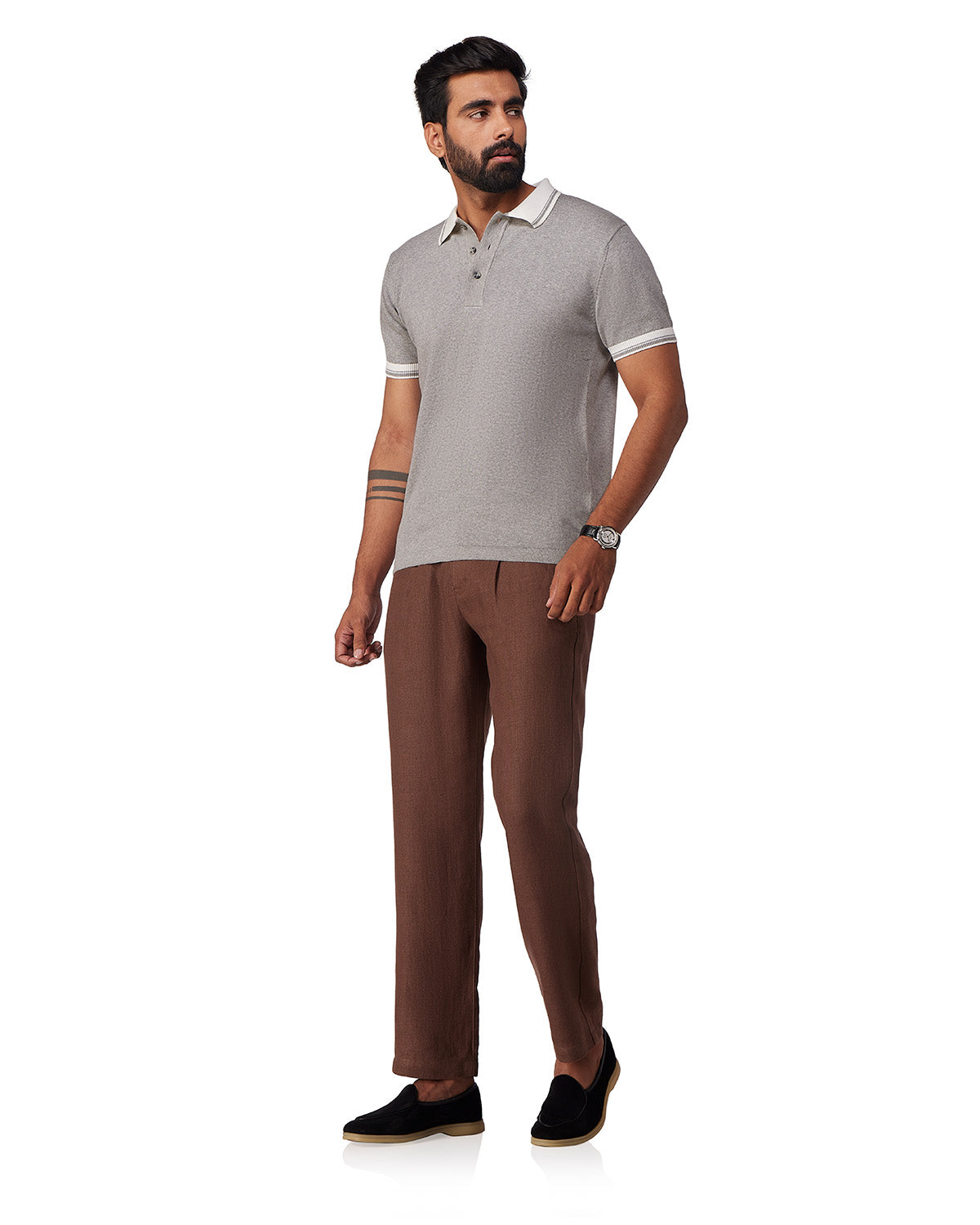 Signature Flat Knit Button Polo T-Shirt - Grey