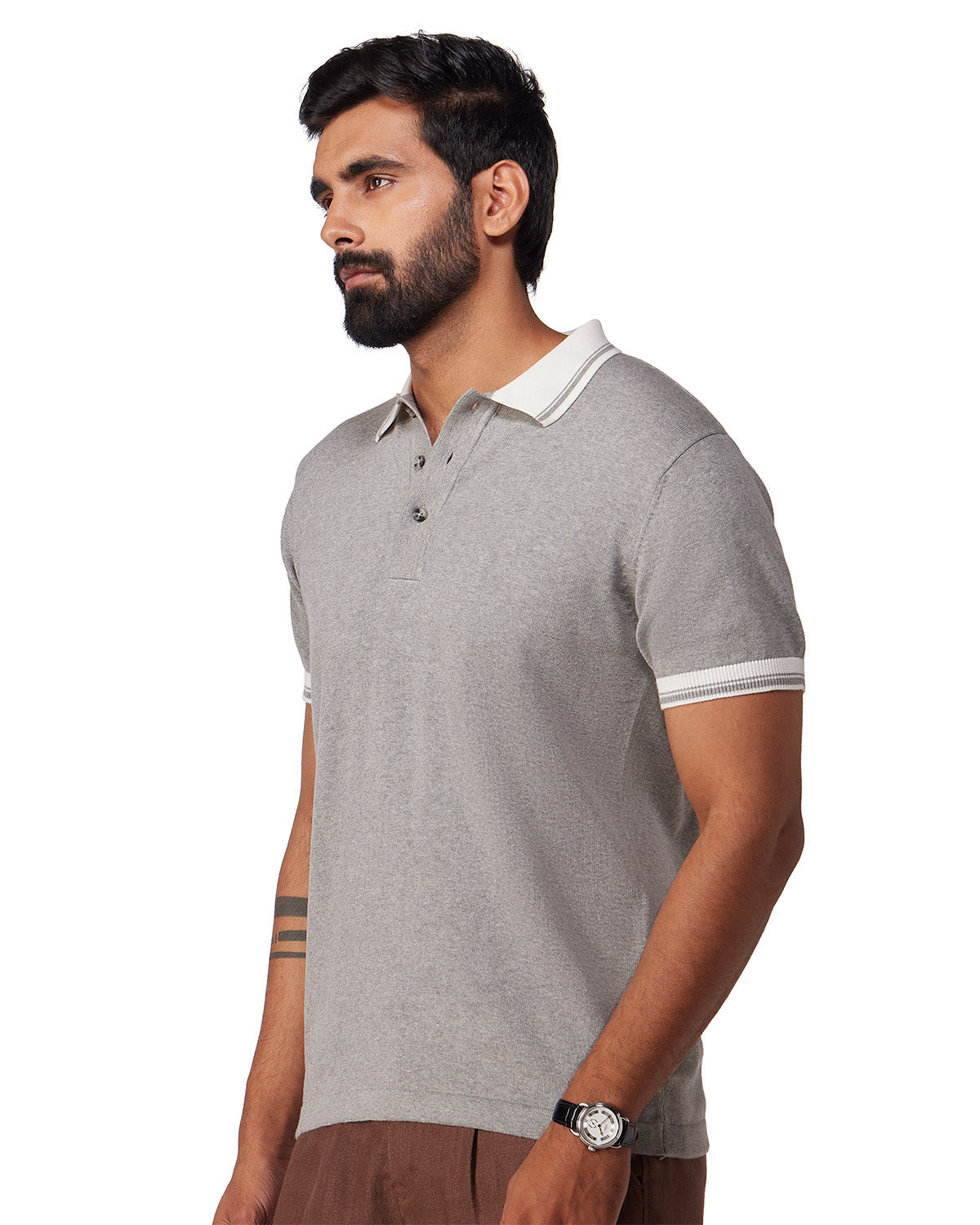 Signature Flat Knit Button Polo T-Shirt - Grey
