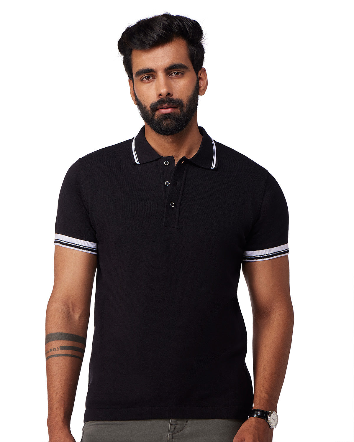 Signature Flat Knit Button Polo T-Shirt - Black