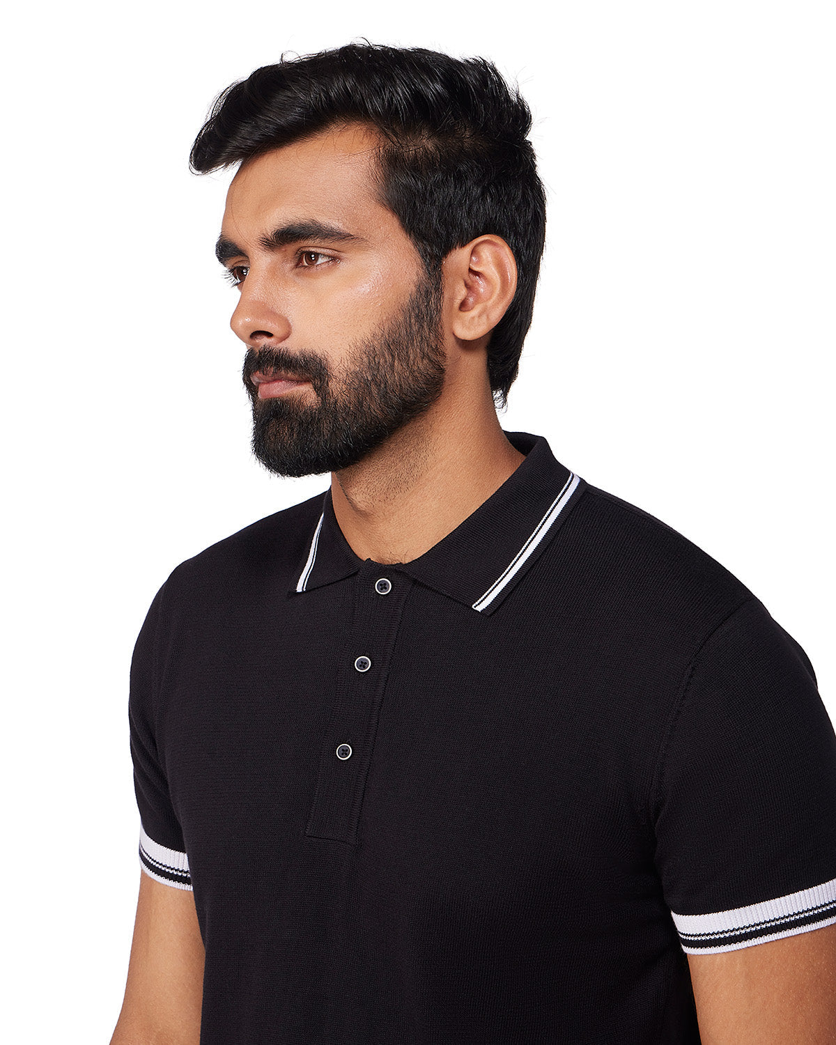 Signature Flat Knit Button Polo T-Shirt - Black