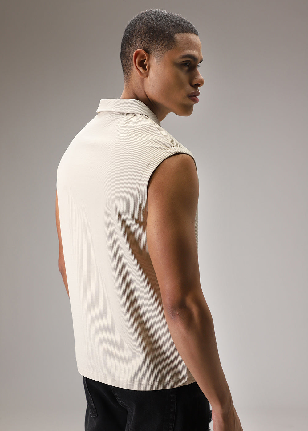 Beige Plain Ribbed Polo Tank