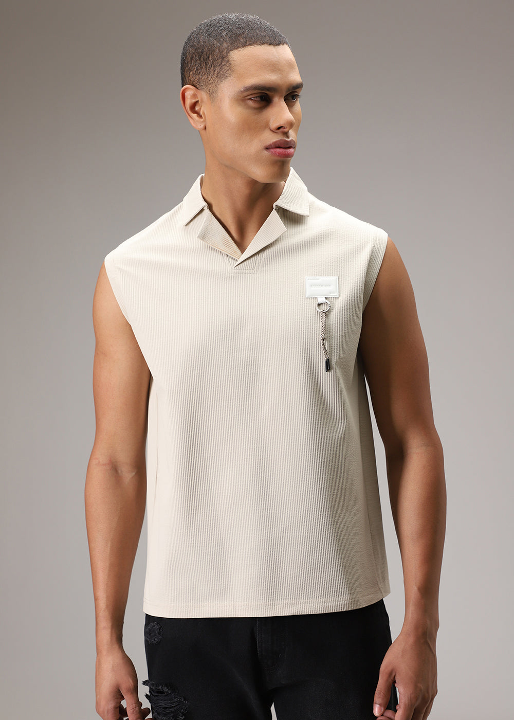 Beige Plain Ribbed Polo Tank