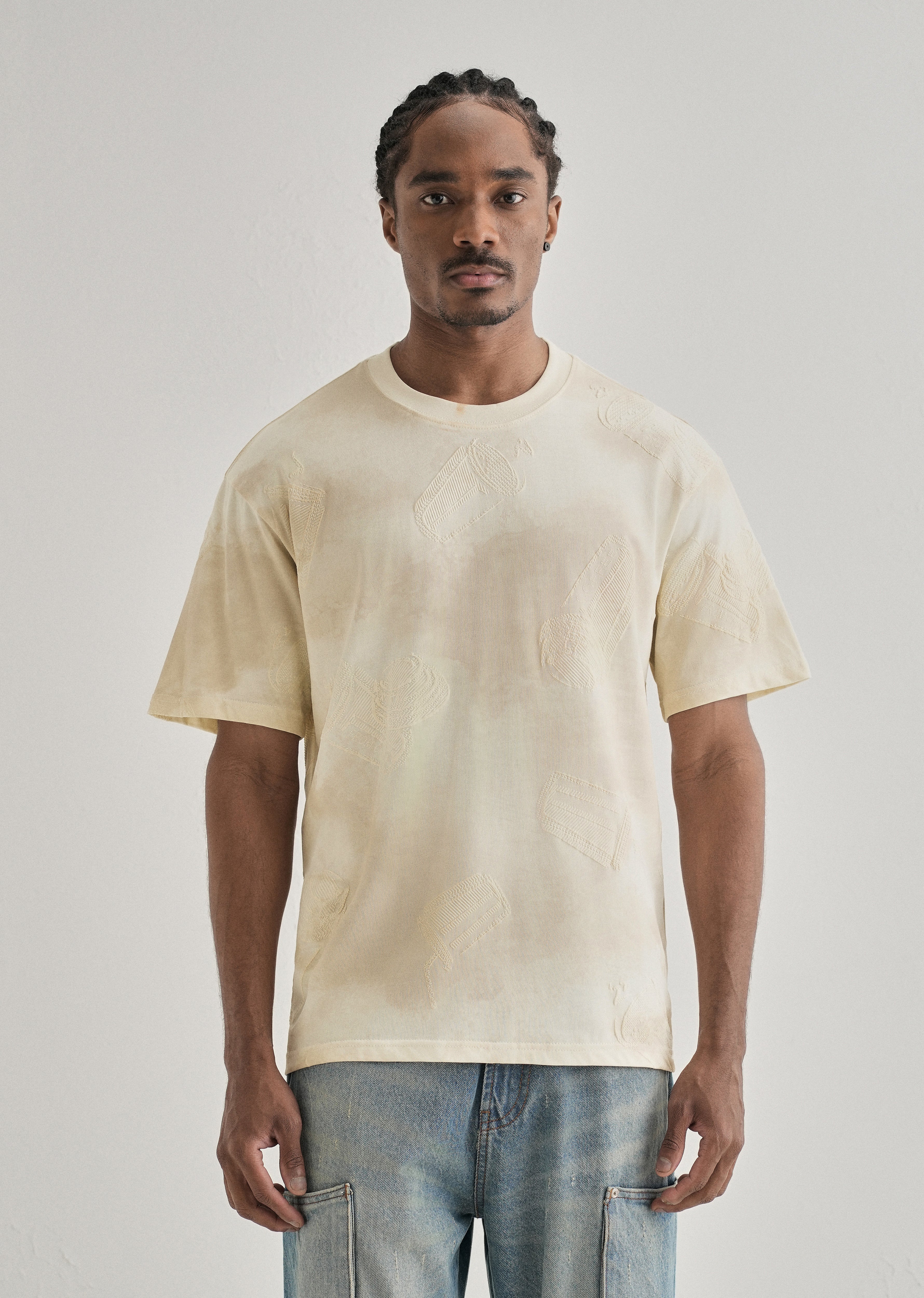 Cream Beige Printed Oversized T-shirt