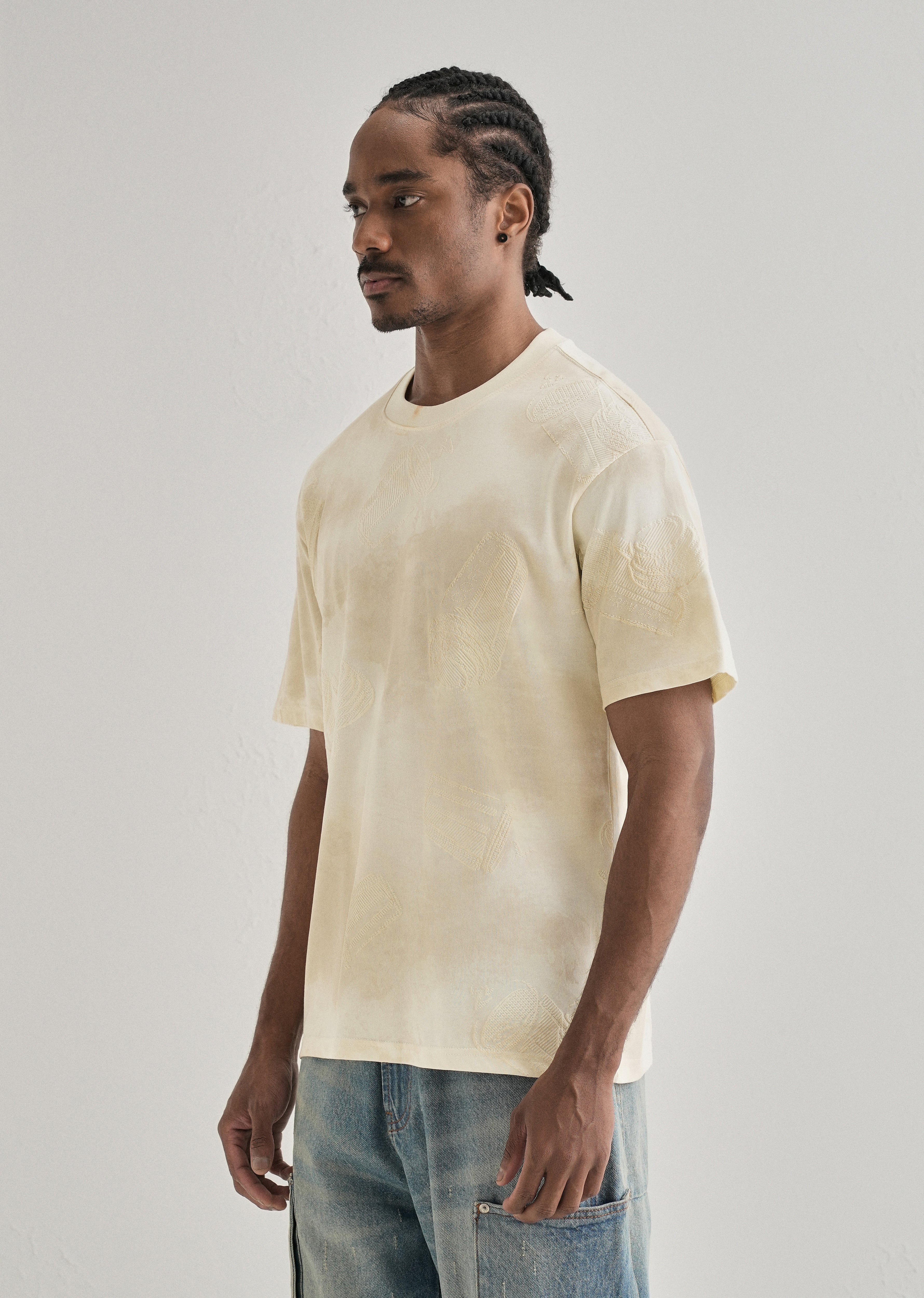 Cream Beige Printed Oversized T-shirt