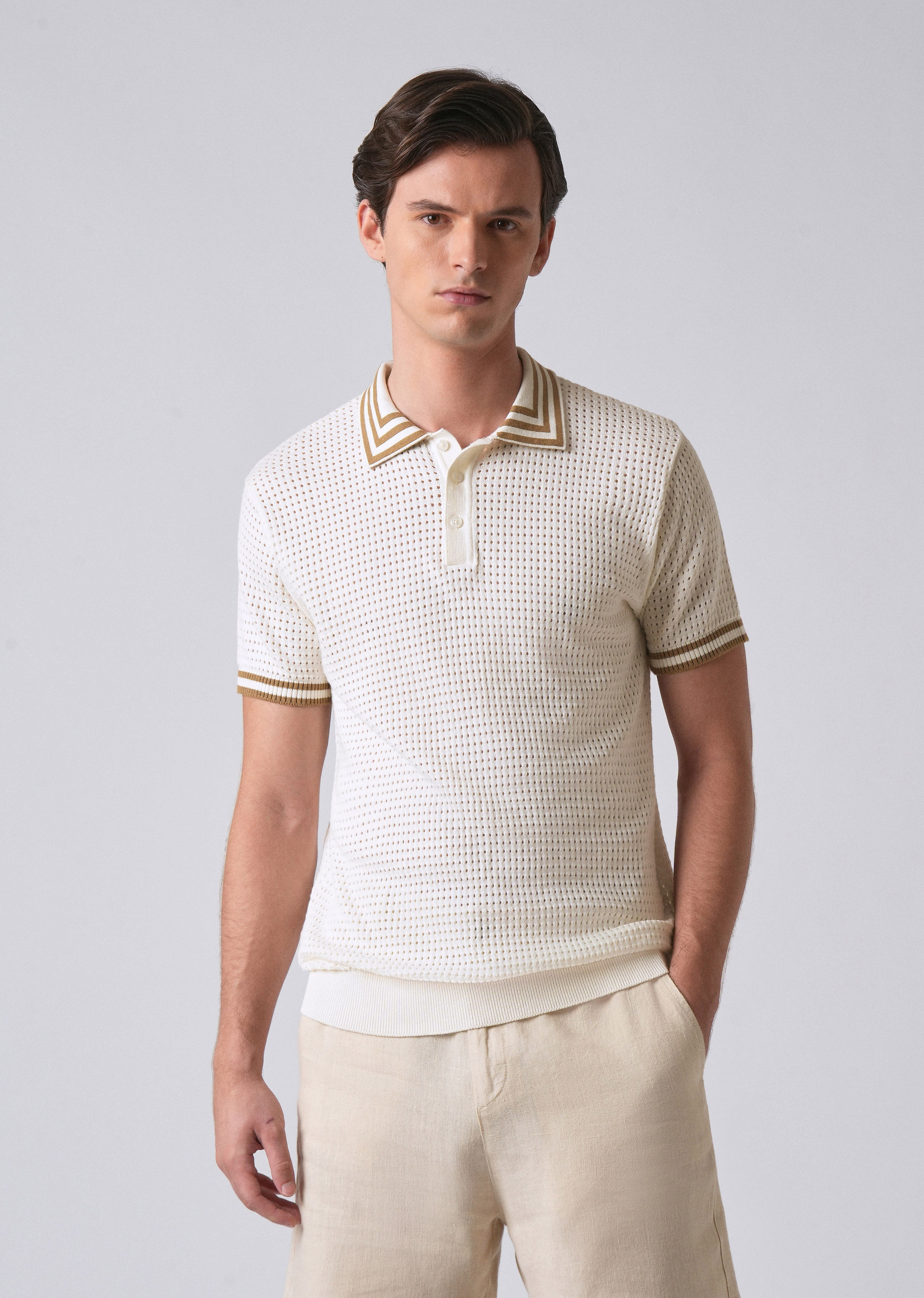 Cream Open Knitted Polo T-shirt