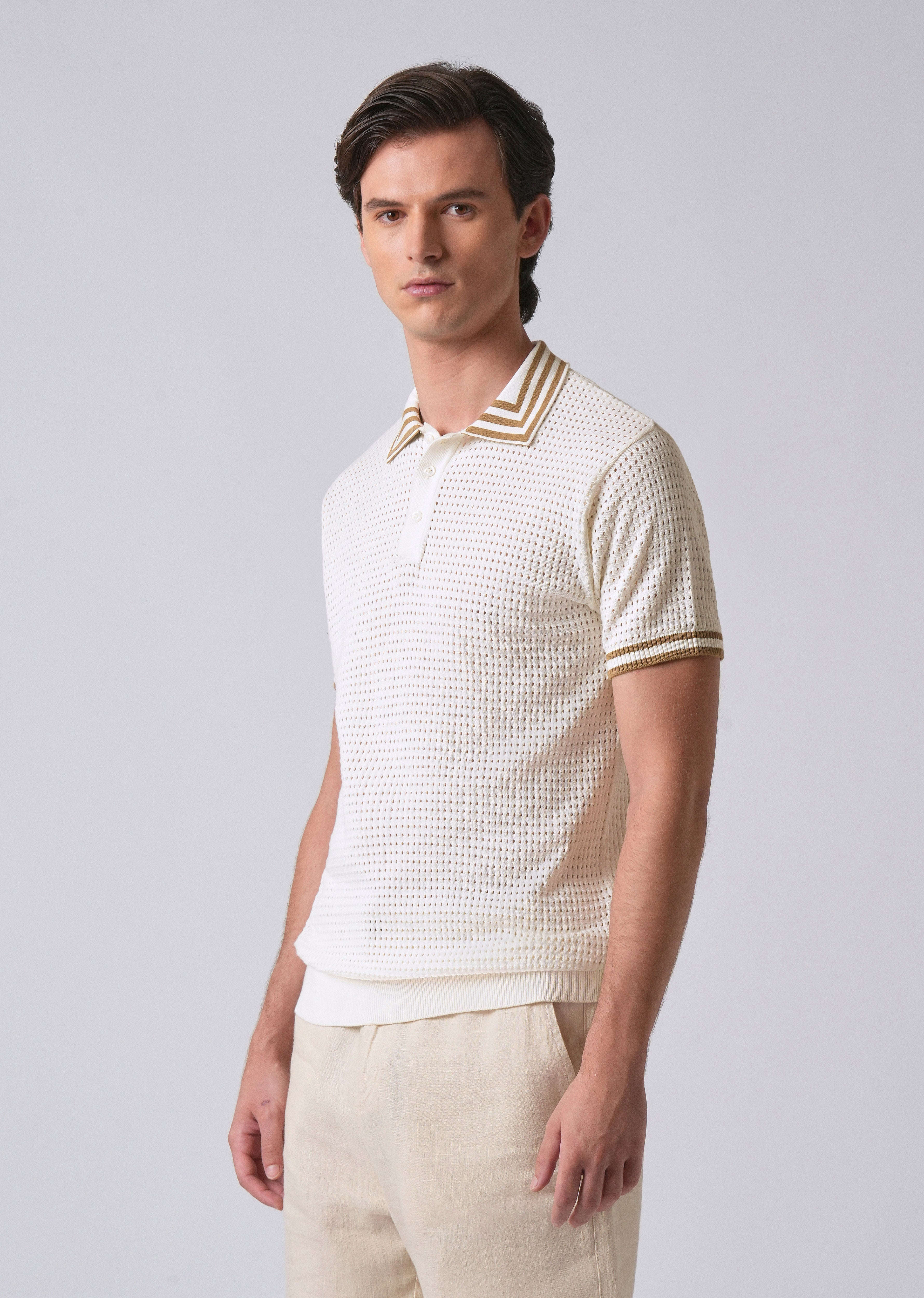 Cream Open Knitted Polo T-shirt