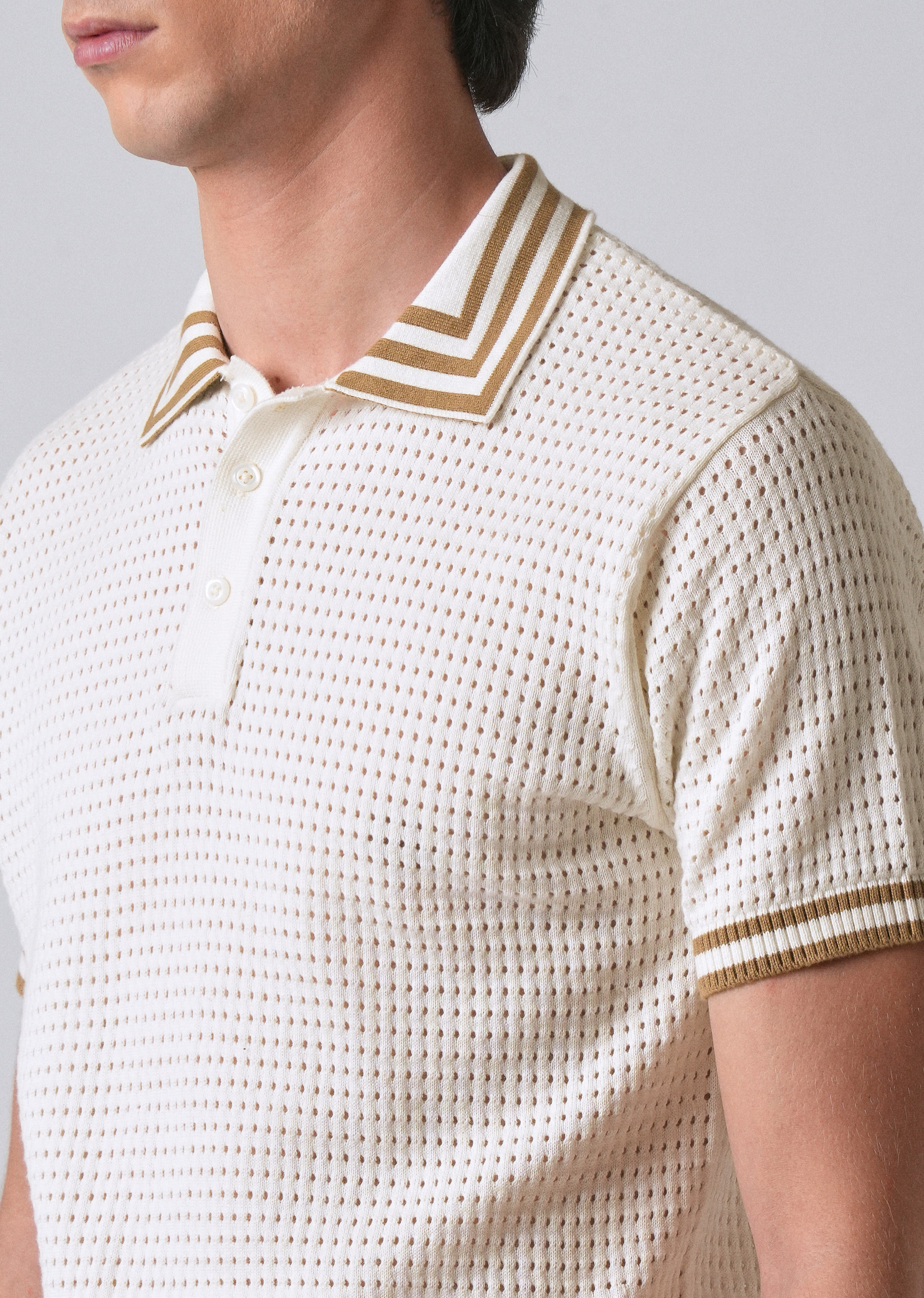 Cream Open Knitted Polo T-shirt