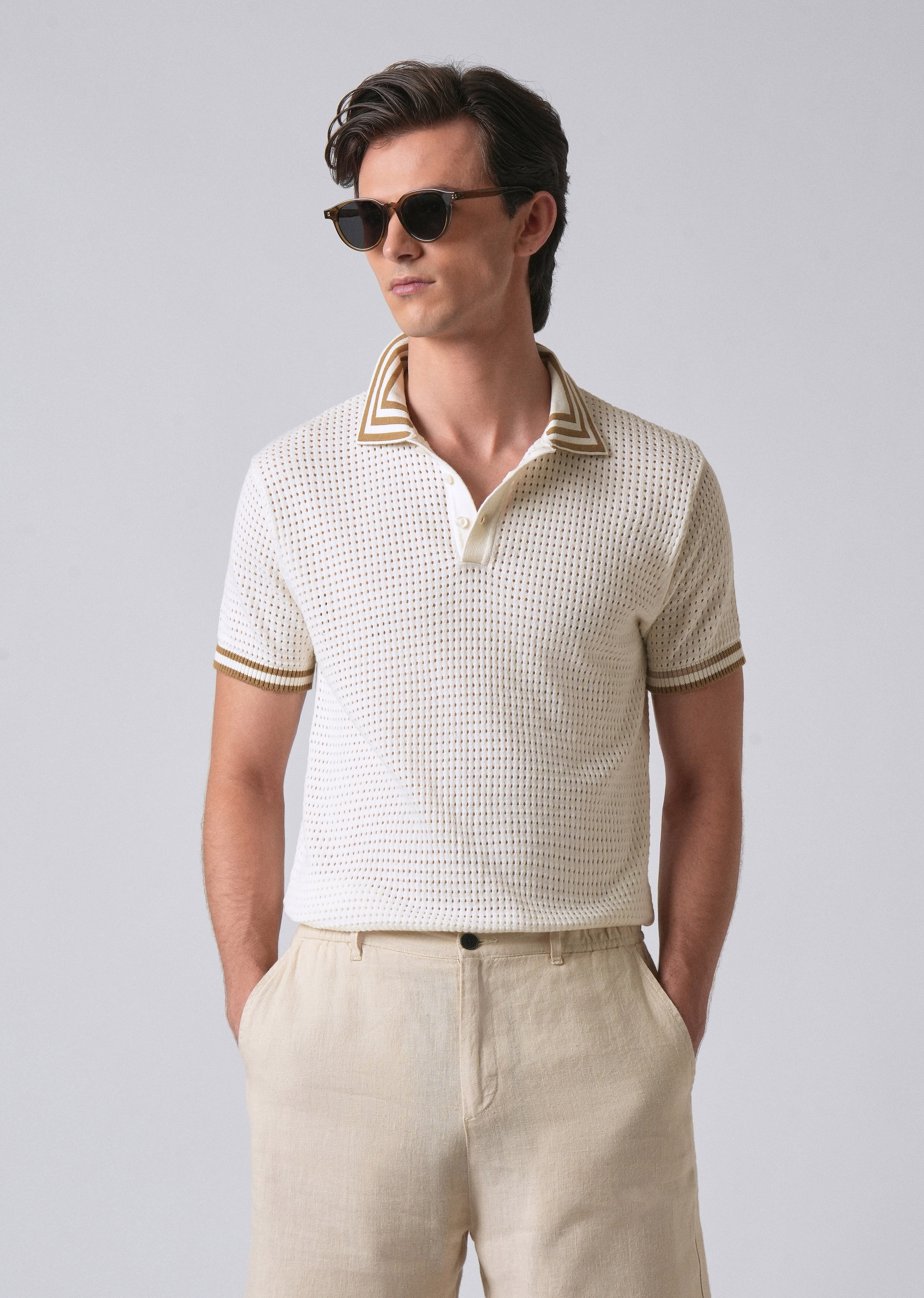 Cream Open Knitted Polo T-shirt