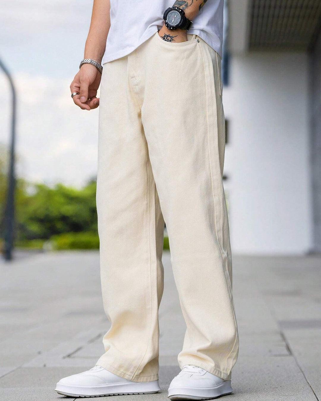 Men Relaxed Fit Mid Rise Beige Trouser