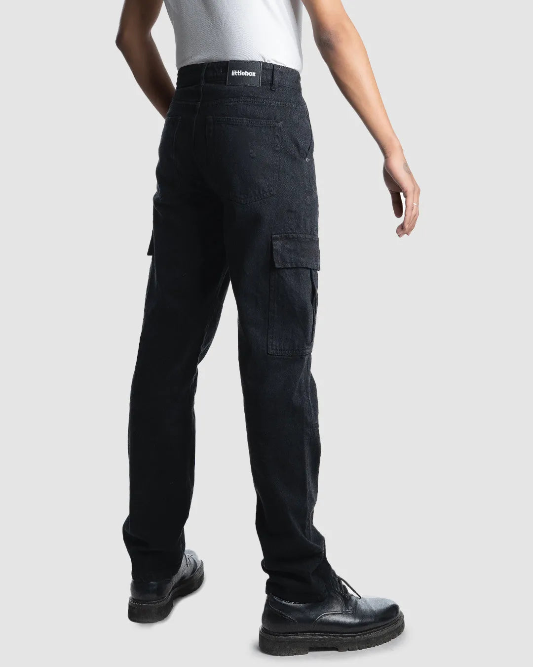 Men High-Rise Low Distress Black Cargo Jeans