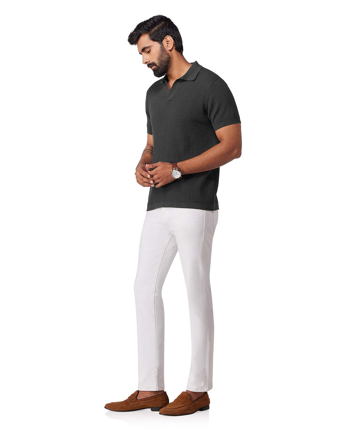 Signature Flat Knit Johnny Polo T-Shirt - Grey