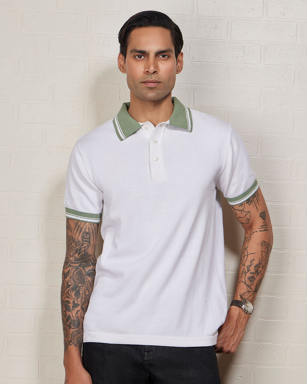Signature Flat Knit Button Polo T-Shirt- Ecru