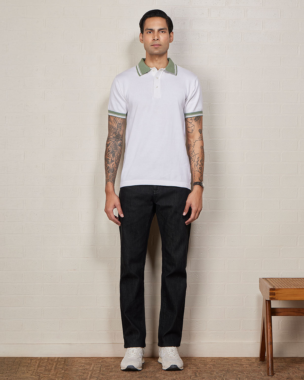 Signature Flat Knit Button Polo T-Shirt- Ecru