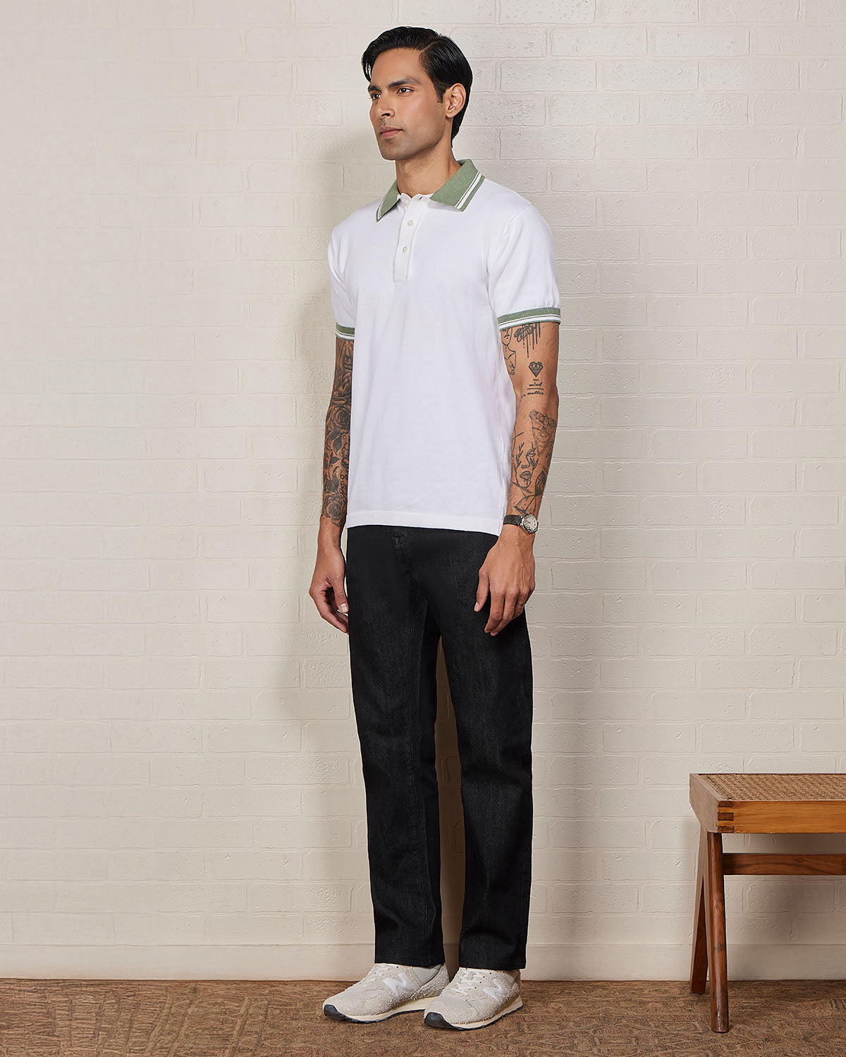 Signature Flat Knit Button Polo T-Shirt- Ecru