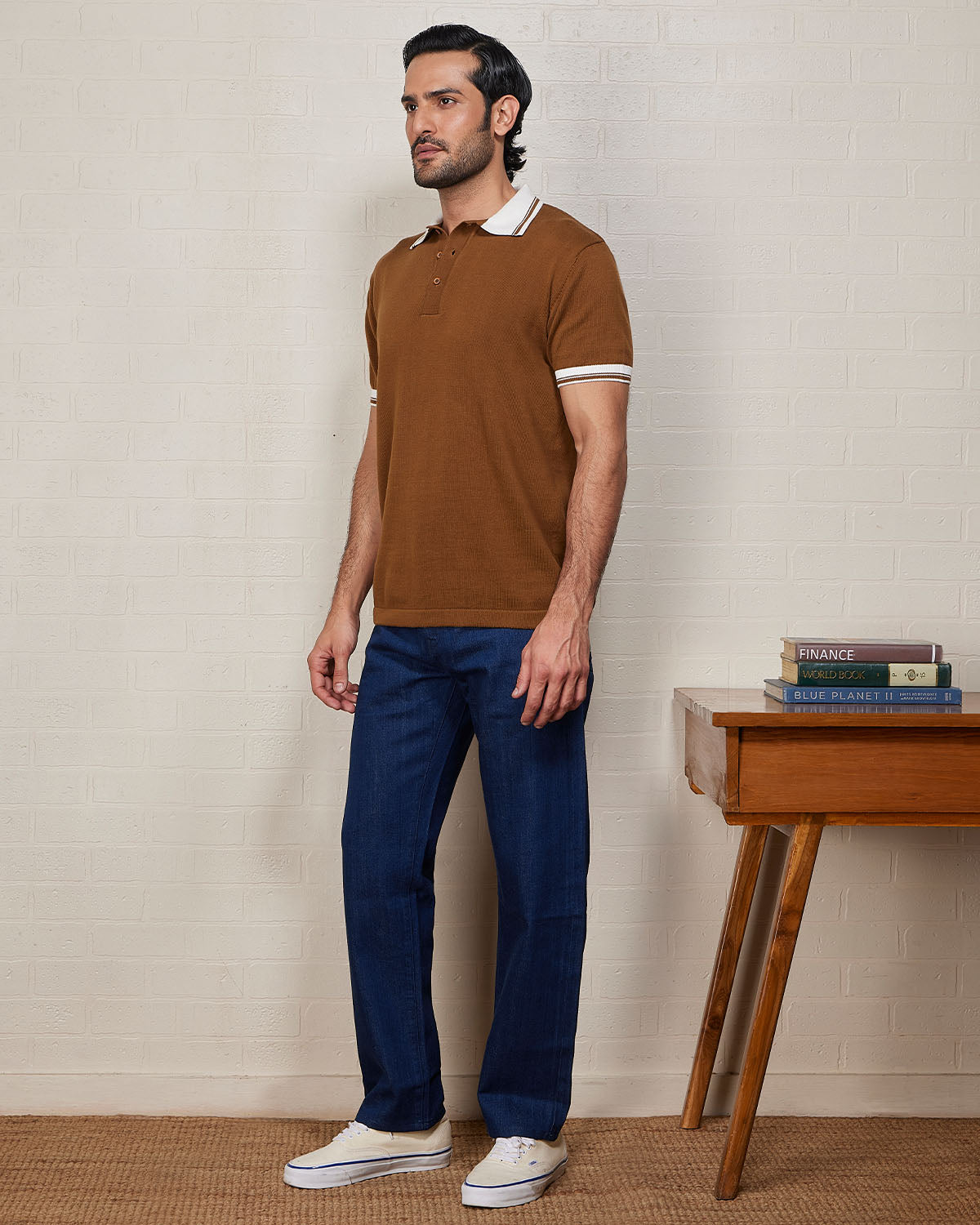 Signature Flat Knit Button Polo T-Shirt - Brown