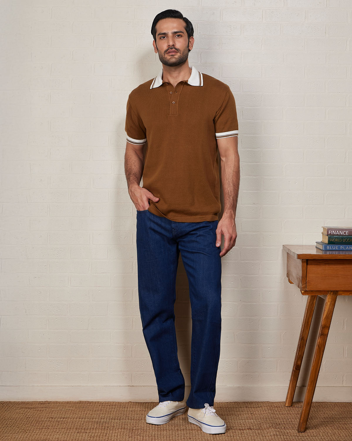Signature Flat Knit Button Polo T-Shirt - Brown