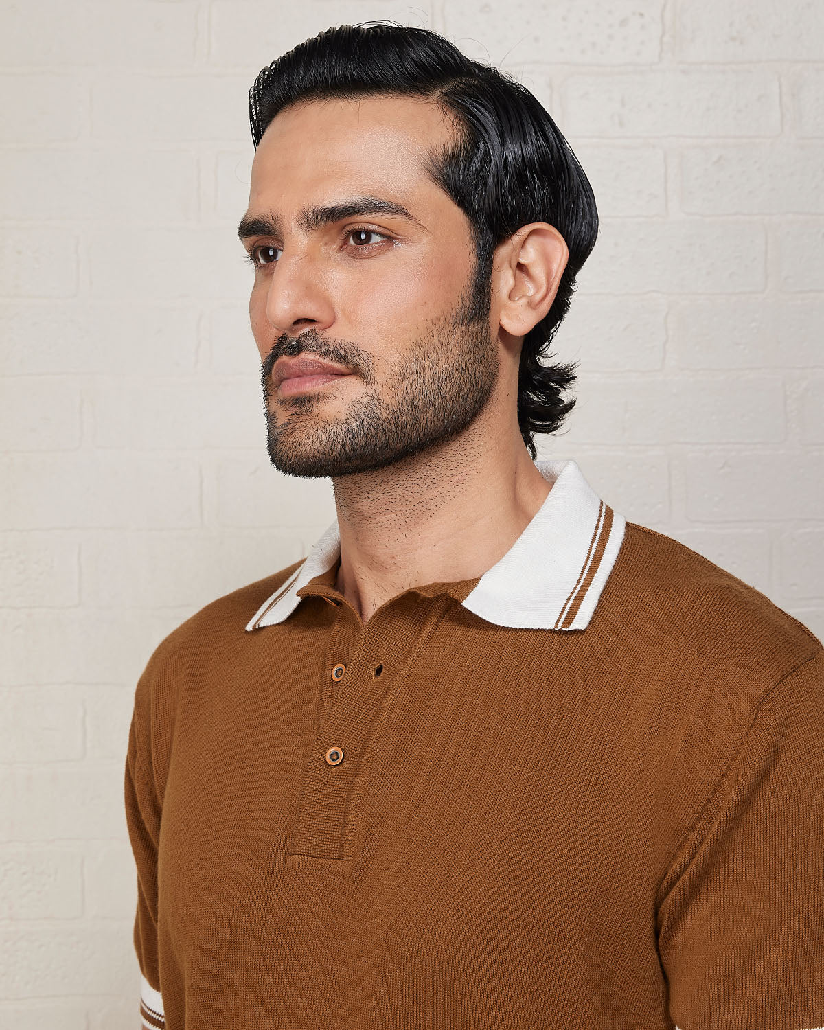 Signature Flat Knit Button Polo T-Shirt - Brown