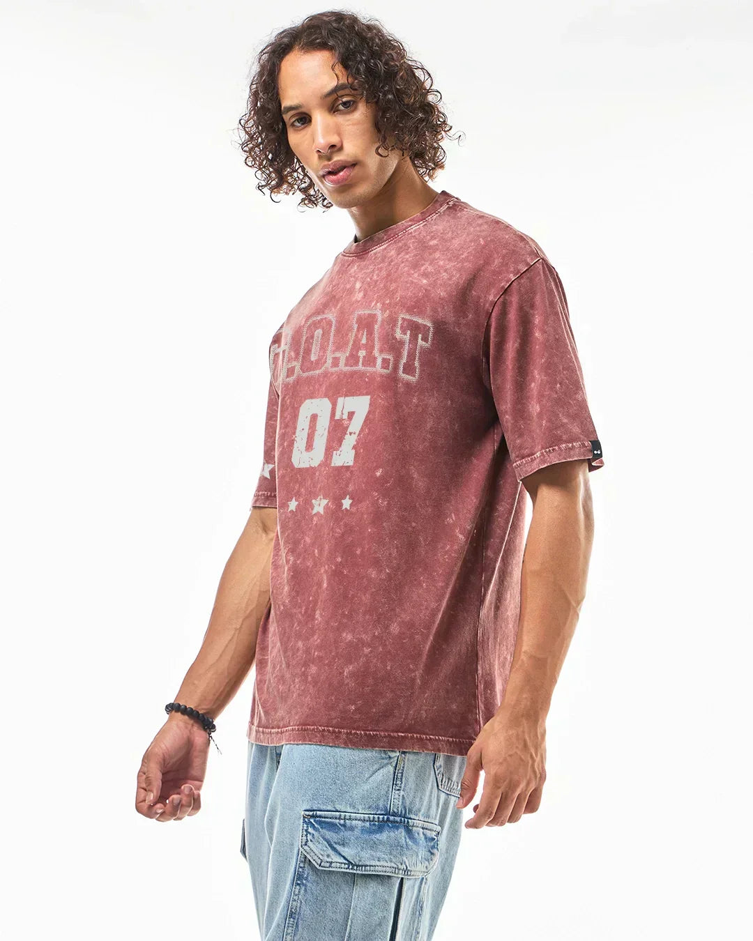 Men's Brick Red Goat 07 Typography Oversized Acid Wash T-shirt